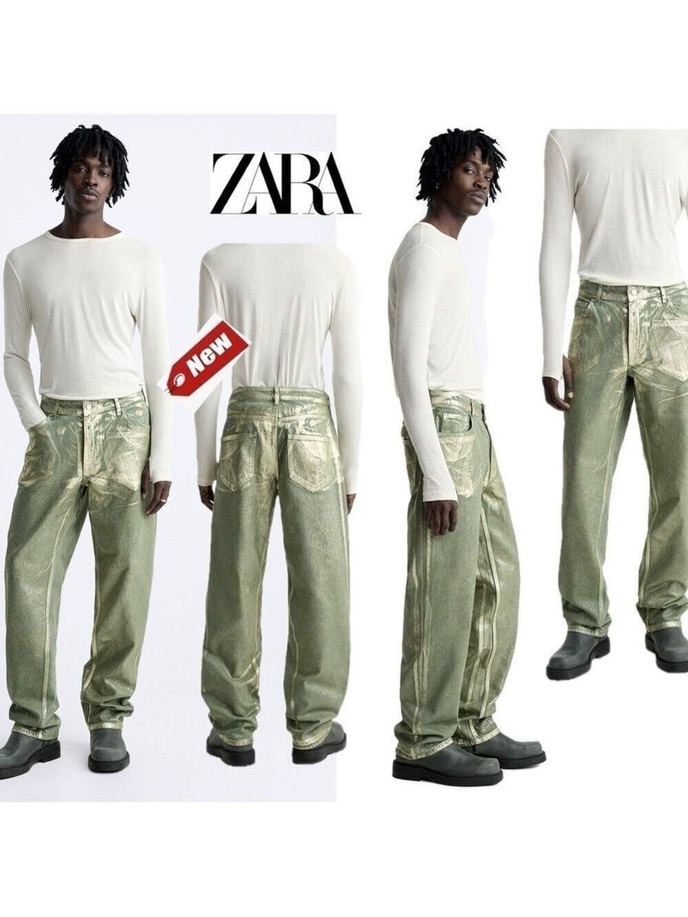 Zara relaxed fit olive army green metallic gold foil denim jeans Sz 29 NWT